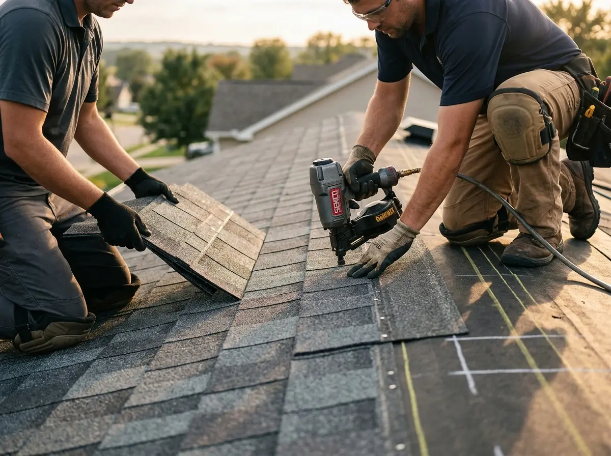 Professional roofer working on a residential roof in Frederickson